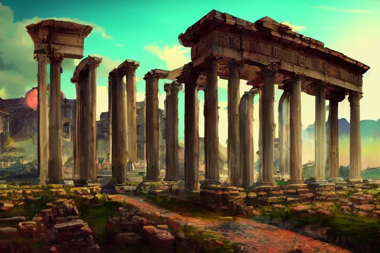 Image similar to ancient roman structures, retrowave epic art, trending on art station