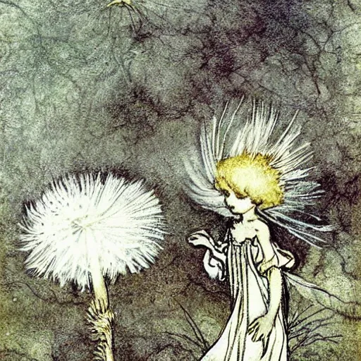 Image similar to a beautiful fairytale painting of a dandelion seed that is also a fluffy fairy. the dandelion seed is the body of the fairy. beautiful clear painting by arthur rackham