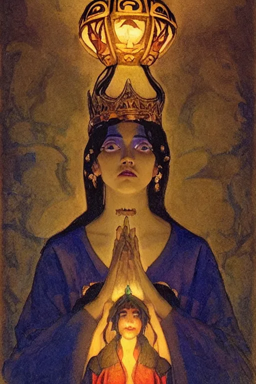 Image similar to child of darkness with her crown and lantern, by Nicholas Roerich and Annie Swynnerton and and jean delville, dramatic cinematic lighting , ornate headdress , flowing robes, sacred artifacts, lost civilizations, smooth, sharp focus, extremely detailed