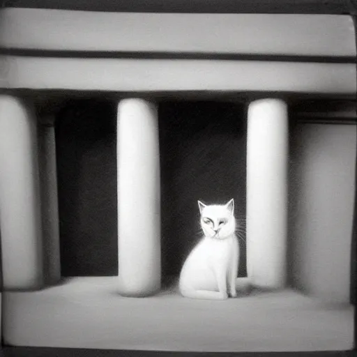 Image similar to filmic noisy bipedal paris web balinese cat zinc pilaster pediment, by kati horna and juan gimenez and edward hopper, art on instagram, charcoal drawing, polaroid photo