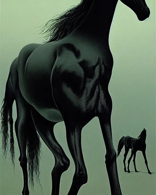 Image similar to painting of hybrid between black weimaraner & black stallion horse! & intercrossed animal, by zdzislaw beksinski, by mattias adolfsson, concept art, single object scene, beautiful composition, 8 k, wide angle shot, depth of view,