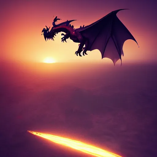 Image similar to you won't believe it, i just saw a huge dragon, it's very huge, sunset behind, it is very huge, modernism, digital art, fantasy art, trending on artstation, octane render, 3 d, volumetric lightening, lossless quality