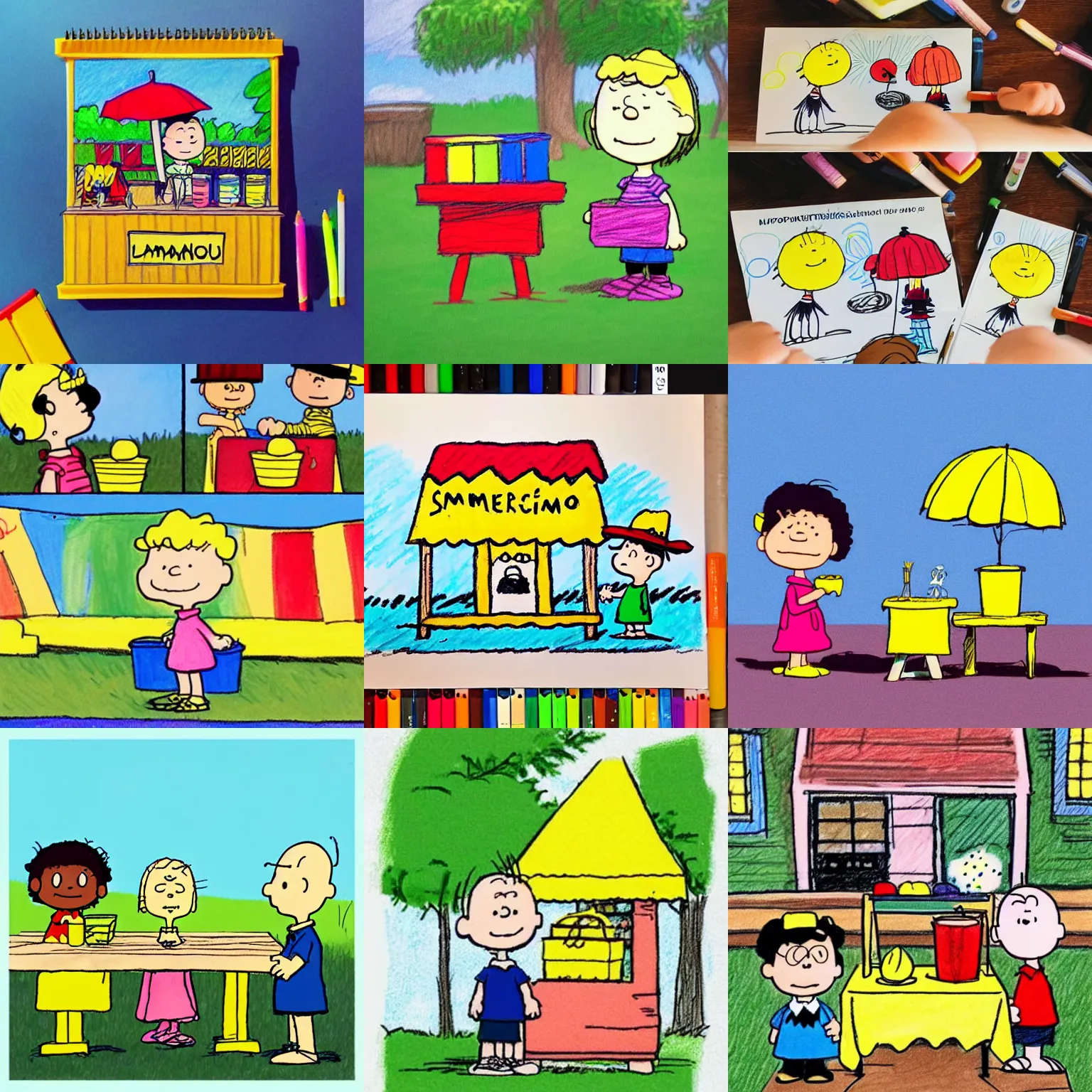 Prompt: a cute simple kid's crayon drawing of a lucrative summer lemonade stand owned by a young business savvy 👧🏿 entrepreneur, artstation, in the style of peanuts and charlie brown, by rossdraws and artgerm and studio ghibli, masterpiece, hd, award winning,