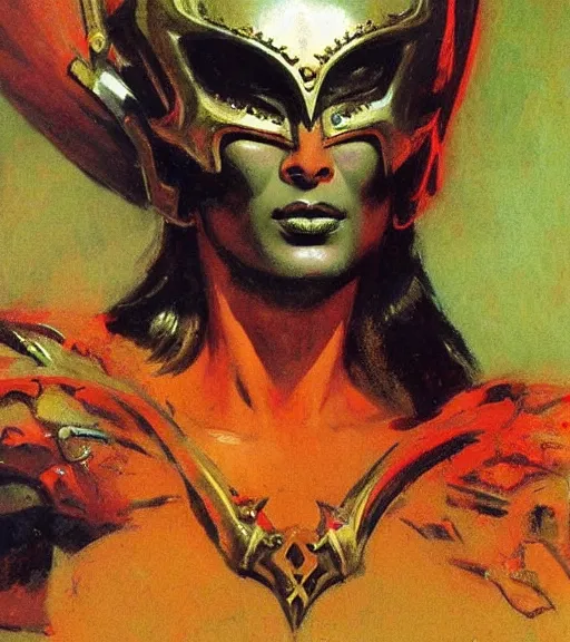 Image similar to portrait of strong iranian female chaos angel, beautiful! coherent! by frank frazetta, by brom, strong line, vivid neon color, spiked scrap metal armor, iron helm maximalist