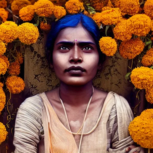 Image similar to realistic expired fuji film portrait of strange india woman mix, marigold celestial vibe, hyperrealism, hypermaxiymalism, photorealistic, detailed, atmospheric, 8 k, award winning photography, cinematic