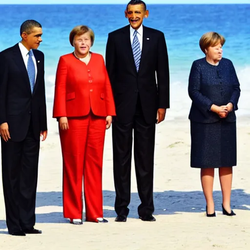 Prompt: A Family picture ofXi Jinping and Obama’s Family including their child, while Angela Merkel stands depressed in the corner, casual, beach, family, photograph, realistic