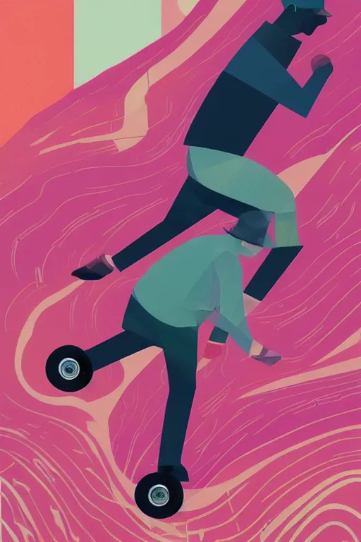 Image similar to a man riding a skateboard on top of a pink surface, poster art by victo ngai, ori toor, kilian eng behance contest winner, crystal cubism, poster art, cubism, tarot card, psychedelic art, concert poster, poster art, maximalist