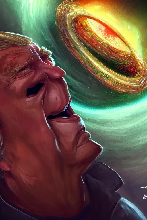 Image similar to portrait of trump drinking ayahuasca in a wormhole, by pablo amaringo, dramatic lighting, concept art, artstation