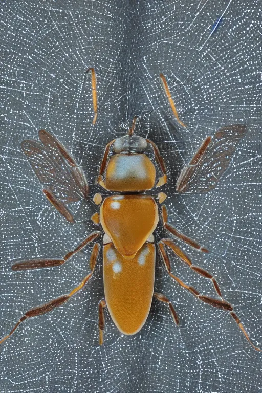 Image similar to transparent rare insect with reaction diffusion patterns. with wings, top down view. close up photo. high detail