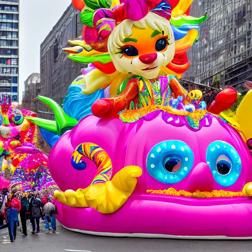 Prompt: photo of giant lisa frank bosch style parade float in the macys thanksgiving parade, detailed 4 k photo