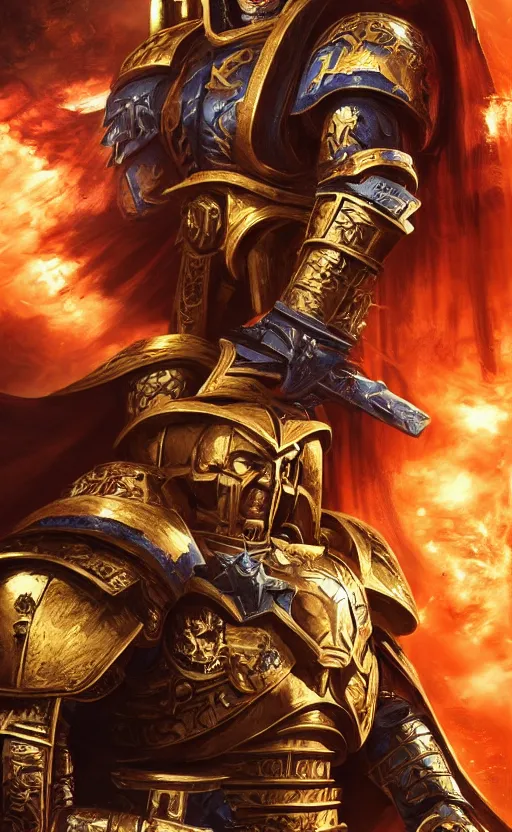 Prompt: angry Henry Cavill as warhammer 40k God-Emperor of Mankind dressed in his glowing golden power armor. full-length portrait, beautiful face, long hair, painted by Donato Giancarlo, intricate fine armor rune details, cinematic, highly detailed, octane render