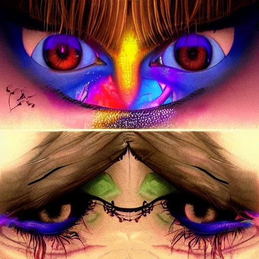Image similar to !5 three eyed goddesses, third eyes middle of foreheads, very wide wide shot, very hairy bodies, beautiful colors, eyes in forehead, beautiful lighting, detailed photographs, very detailed, eyes reflecting into eyes reflecting into infinity