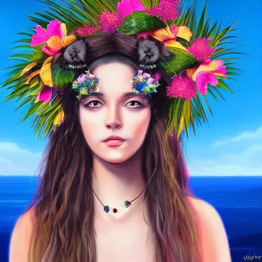 Image similar to oil painting portrait of a long haired fluffy black cat wearing flower crown and lei necklace gazing at a sunset over the ocean on tropical island background with palm trees digital art, concept art, highly detailed, 3-D 4k, trending on art station, Mark Brooks,