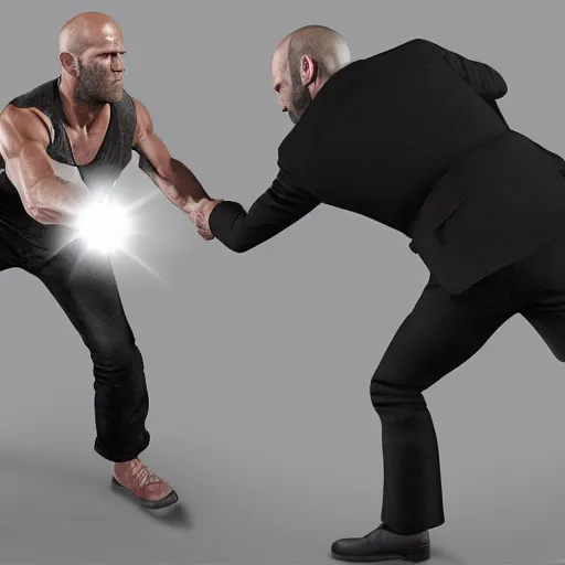 Image similar to jason statham fighting a pc, half body shot, path traced, fight scene, highly detailed, high quality, digital painting