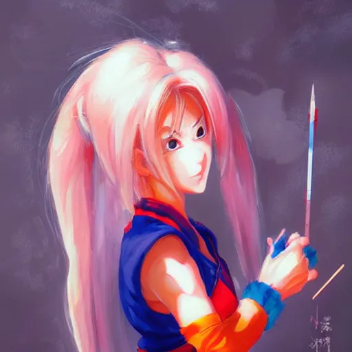 Image similar to kawaii female version of goku, painting by WLOP