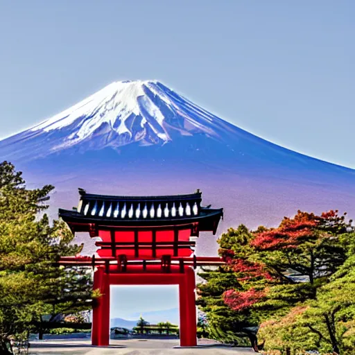 Prompt: a photograph of mount fuji with a holographic red tori gate on top