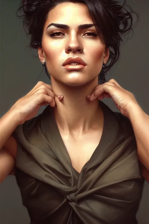 Image similar to photorealistic portrait of a young butch latina professional woman, handsome, female, masculine, upper body, fantasy, fierce, sharp features, intricate, elegant, highly detailed, digital painting, artstation, concept art, matte, sharp focus, illustration, art by artgerm and greg rutkowski and alphonse mucha
