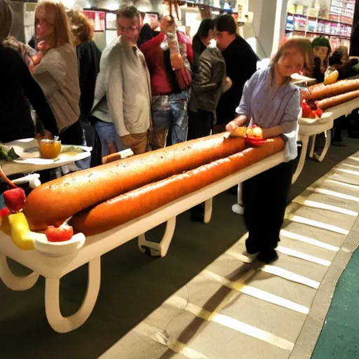 Image similar to award winning twenty meter long hotdog on a long table