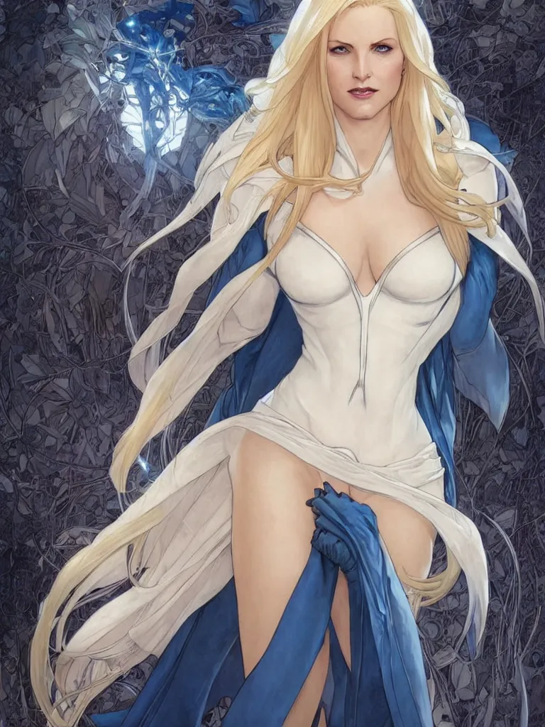 Prompt: portrait of emma frost, a beautiful woman in her 3 0 s, with white blonde hair and blue eyes, symmetrical face, detailed face, delicate features, smooth, sharp focus, illustration, art by artgerm and greg rutkowski and alphonse mucha,