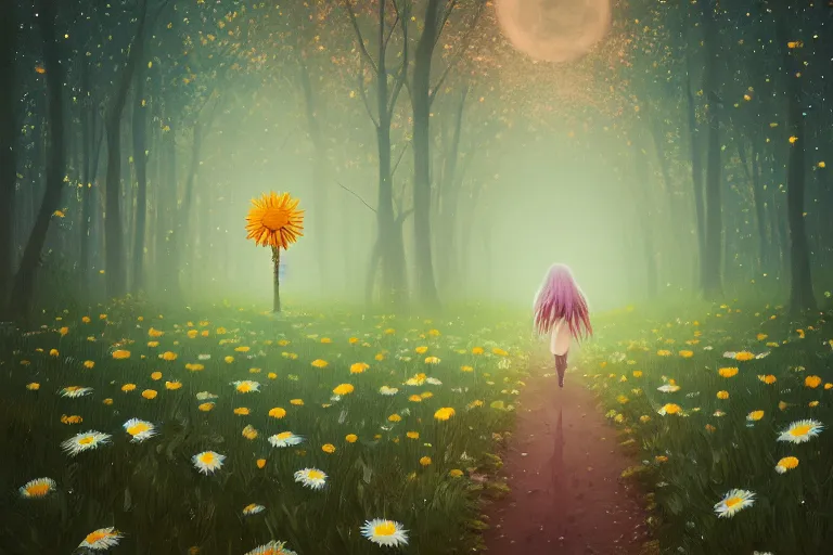 Image similar to giant daisies flowers head, girl walking in dark forest, surreal photography, dark night, stars, moon light, impressionist painting, clouds, digital painting, artstation, simon stalenhag