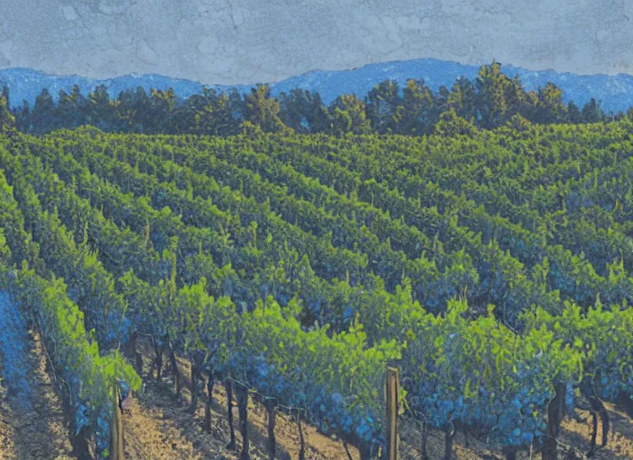 Image similar to blue woodcut vineyard landscape by greg rutkowski, fine details, highly detailed