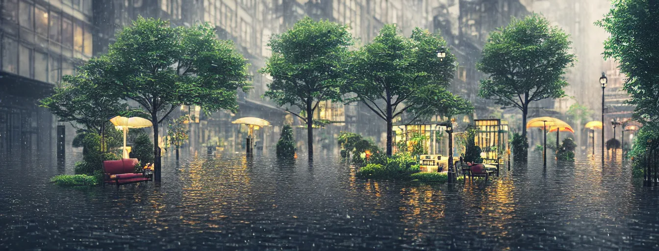 Prompt: raining night at flooded miniature new york city, emotion is on the rise on the town, cute style garden, octane render, trees, evergreen, patio, garden, wet atmosphere, tender, soft light misty yoshitaka amano, and artgerm, pixel art