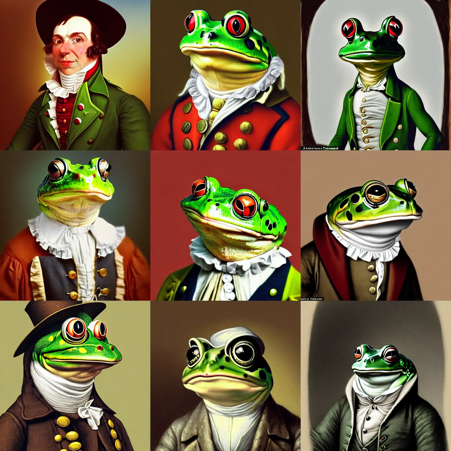 Prompt: a head and shoulders portrait of an anthropomorphic frog!!!!!!!!!! wearing a colonial outfit looking off camera, a character portrait, american romanticism, soft focus