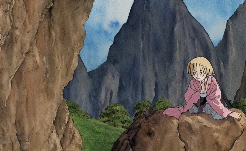 Image similar to a realistic and atmospheric watercolor from howl's moving castle ( 2 0 0 4 ) of a witch in lotus position in machu pichu. very dull muted colors, hd, 4 k, hq