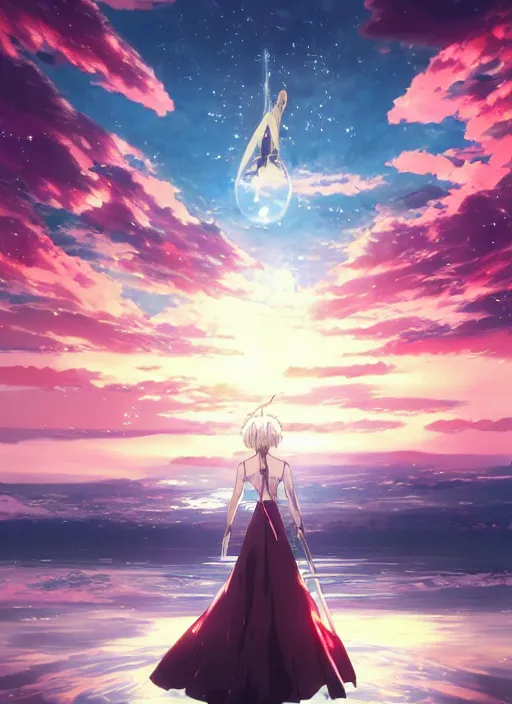 Image similar to a beautiful anime girl walking on water holding a beautiful katana, ripples, backdrop of dawn, giant planets in the background, anime illustration from genshin impact from demon slayer from jujutsu kaisen, concept art, anime, key visual, trending pixiv fanbox by wlop and greg rutkowski and makoto shinkai and studio ghibli