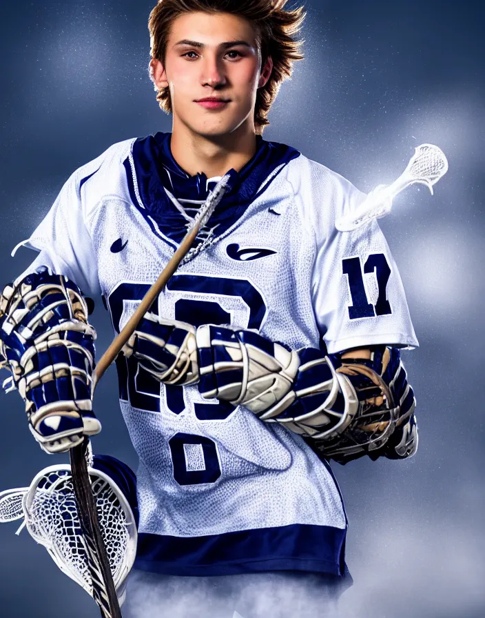 Image similar to closeup portrait of very beautiful cute male lacrosse player in a penn state stadium, glamour pose, particle effects, backlit, highly detailed, soft ambient lighting, sharp focus, rule of thirds, artgerm, wlop, arney freytag, rossdraws, frank frazetta, andrei riabovitchev, hd, octane, 4 k