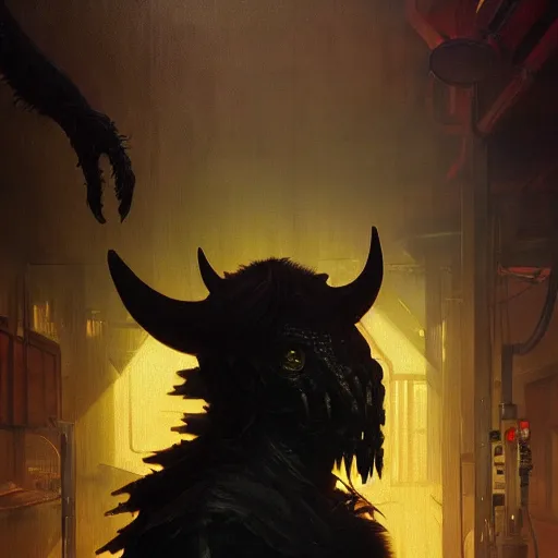 Image similar to menacing aggressive black creature made out of needles, archaic demon, in a gas station, aggressive fluorescent industrial lighting, extremely detailed digital matte painting buy Greg Rutkowski and Alphonse Mucha