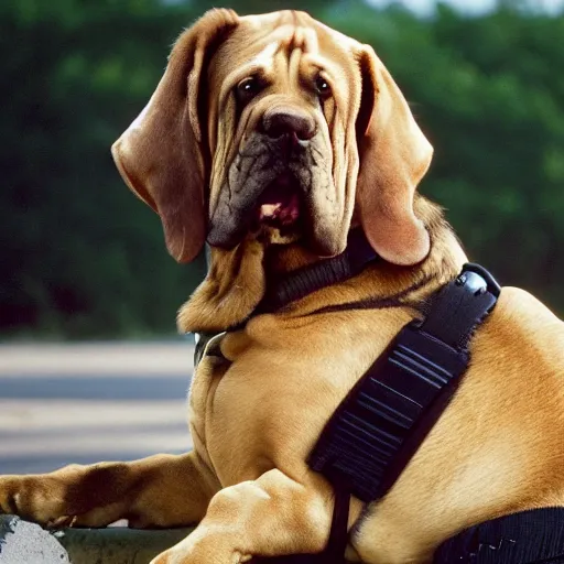 Image similar to film still of the 1 9 9 9 tv show'dog the bounter hunter '. a tv show about a mastiff dog that hunts criminals. sigma 8 5 mm f / 8