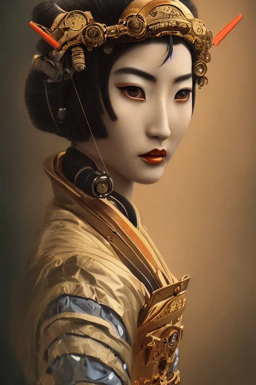 Image similar to a beautiful ultradetailed vintage photo of a cyborg geisha samurai, by tom bagshaw and anna dittman, portrait, 2 4 mm lens, golden ratio composition, detailed face, studio photography, very detailed, humanoids, industrial robots, artstation, 8 k, highly coherent