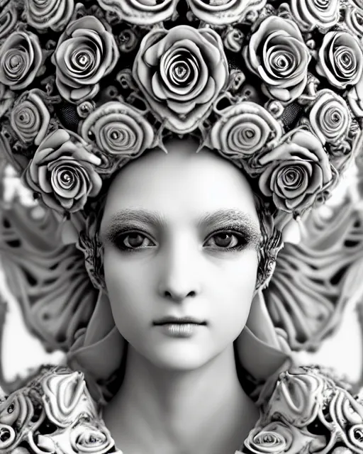 Image similar to bw dreamy close - up profile face, beautiful young porcelain intricate steampunk bio - mechanical vegetal - dragon - cyborg - female, white roses ornate metallic armour, white fluffy feathers, fine mandelbrot fractal lace, 1 5 0 mm, soft rim light, elegant, hyper real, ultra detailed, octane render, hg giger, 1 6 k