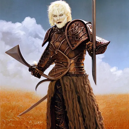 Image similar to albino wearing armor and wielding a long black sword, by michael whelan