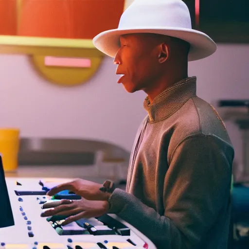 Image similar to cinematic film still of Pharrell Williams Making A Beat with an anthropomorphic alien, Japanese VFX, 2018, 400mm lens, f1.8, shallow depth of field,film photography