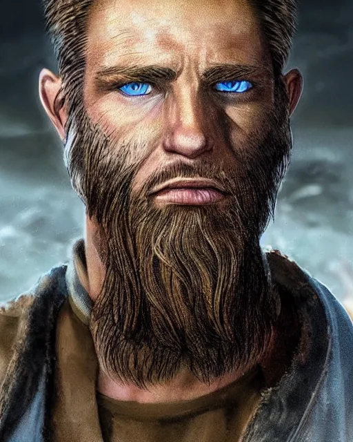 Image similar to portrait of muscular, tired and alcoholic 3 0 - year - old handsome man with short darkblonde hair, serious sad look in his eyes, dirty beard, blue eyes, wearing dirty soldier uniform, on the desert, hyper realistic face, beautiful eyes, character art, art by mark brooks, hyperdetailed, cryengine, trending on artstation, digital art
