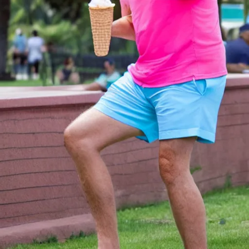 Image similar to donald trump wearing a pair of light blue hoochie daddy shorts and a pink miami beach t-shirt while enjoying himself a pistachio ice cream cone in the park, high-res, hyperrealistic,