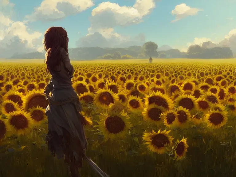 Prompt: sunflower monster in a bright sunny field, concept art by Greg Rutkowski, artstation, cgsociety