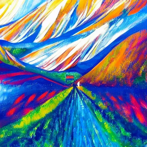 Prompt: mind exploration, vivid abstract landscape, mountains in background, main path is visible and energetic