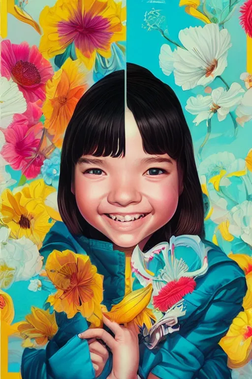 Prompt: a cute young girl smiling, Tristan Eaton, victo ngai, artgerm, RHADS, ross draws