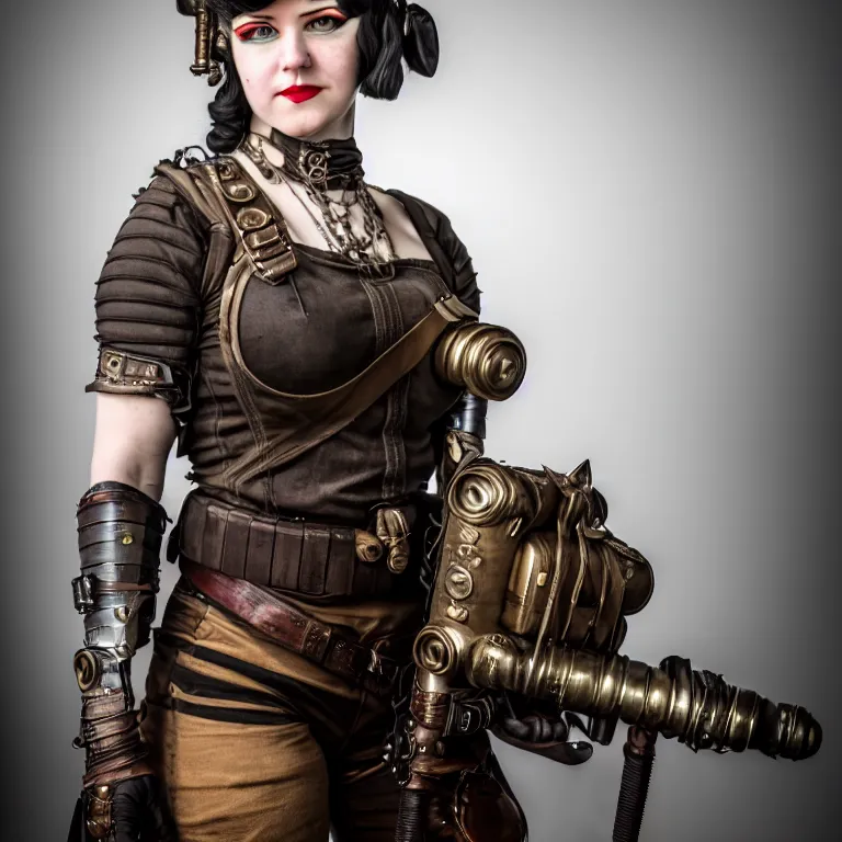 Prompt: full length photo of a very beautiful female dieselpunk warrior, 8 k, hdr, smooth, sharp focus, high resolution, award - winning photo