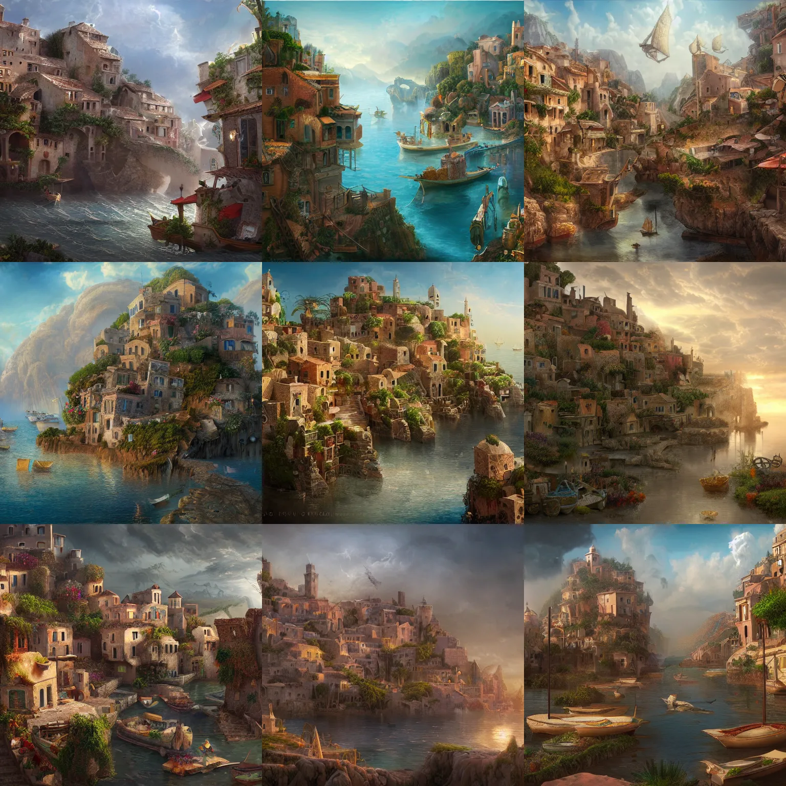 Prompt: matte painting of a broken floating landscape. mediterranean village. fantastical, elaborate, detailed digital art trending in artstation