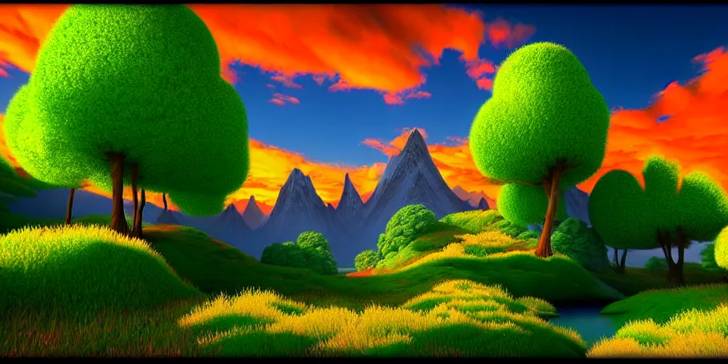 Image similar to a beautiful 3 d fantasy landscape art, orange clouds in the blue sky and green trees, snowy mountains, 3 d art in bob ross style, unreal engine 5, hyper realism