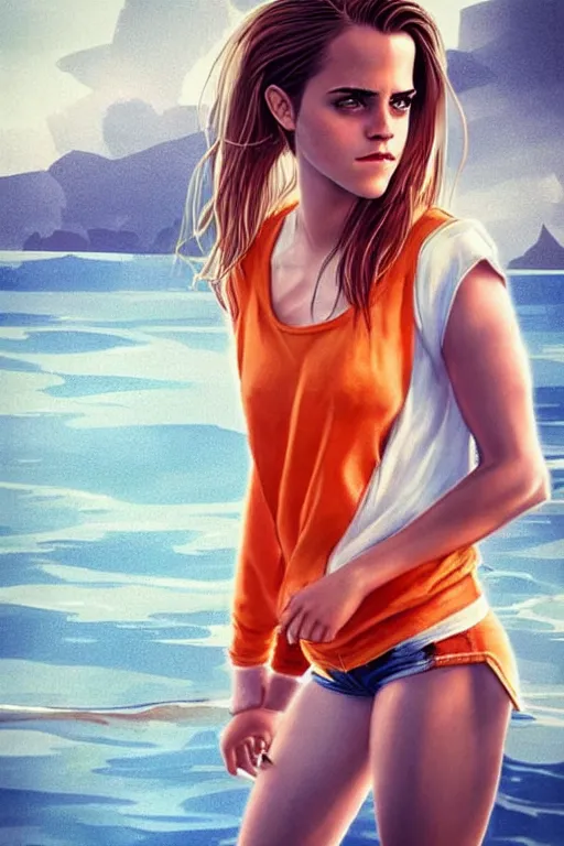 Image similar to a gorgeous hulking Emma Watson with very long hip-length blonde hair, wearing a cut-off white top and orange cut-off shorts standing by the water, in the style of artgerm and moebius and annie liebovitz, marvel comics, photorealistic, highly detailed, trending on artstation
