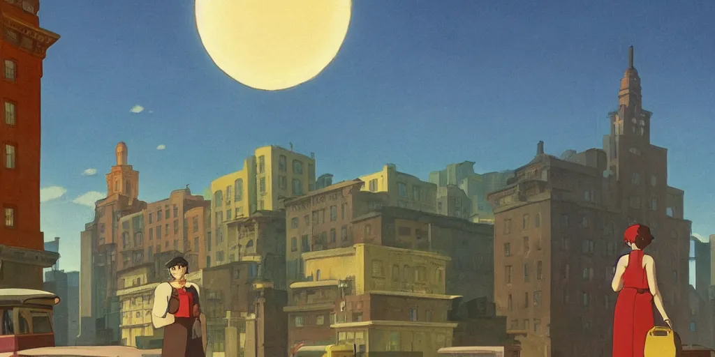 Prompt: A mysterious glowing and powerful atom shines above a city square, dieselpunk, by Studio Ghibli and Edward Hopper