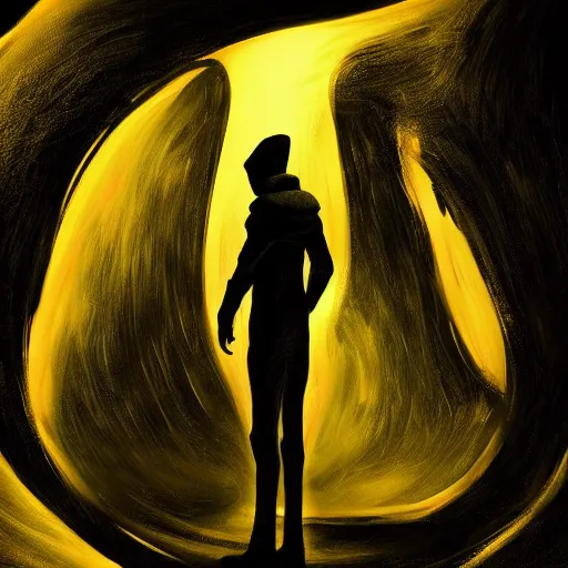 Prompt: award - winning. trending on artstation. 4 k. eerie tone. a figure wearing a layered yellow padded coat standing in front of a black hole in space. dark background. in the style of cedric peyravernay. full - body