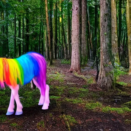 Image similar to a rainbow colored unicorn in the woods