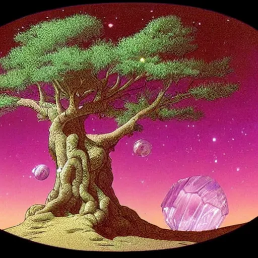 Image similar to a large tree growing from a crystal that is floating in space, by moebius