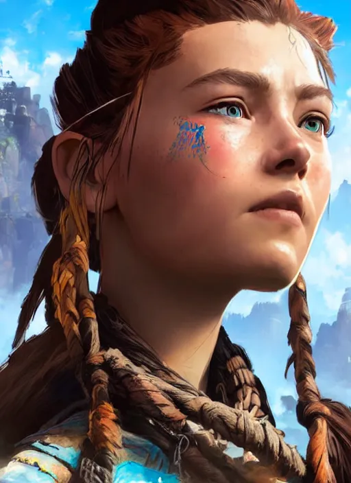 Image similar to very detailed concept art portrait of aloy from horizon zero dawn, detailed, sharp